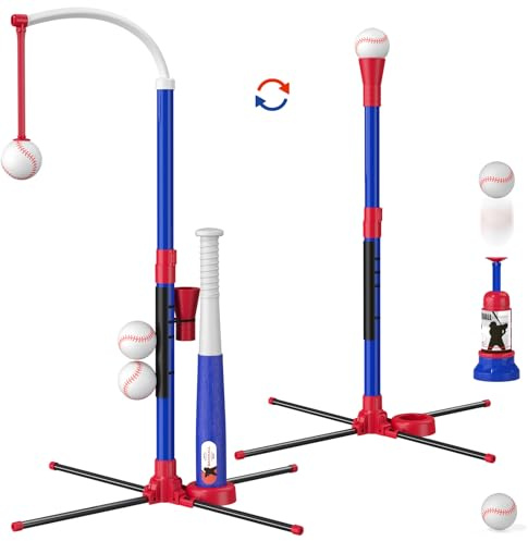 HYES 3-in-1 Baseball Set for Kids 3-5 - Tee Ball Stand, Hanging Tee, Ball Launcher and 6 Softballs - Adjustable Height, Indoor/Outdoor Sport Gifts for Boys Girls, Blue
