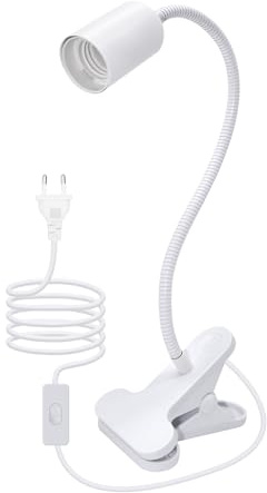 LQUNFYL Portalampada E27 con Pinza da Letto, 2.4M Cavo, 360°Flessibile 35CM Collo di Cigno, Lampada con Morsetto a Clip, Faretto Lampada con Pinza, Porta Lampade da Tavolo, Lampada Scrivania, Bianco