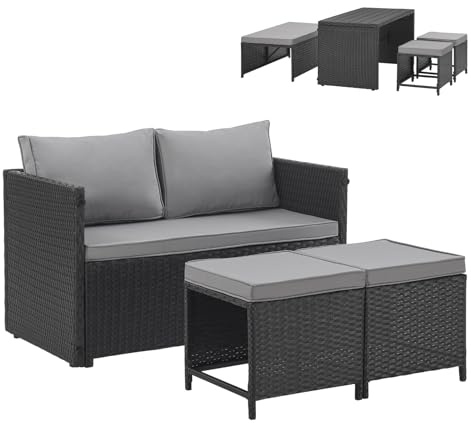 SVITA ATHINA 2in1 Sitzgruppe Outdoor Rattanlounge Balkon Essgruppe Gartenmöbel Set Gartenlounge klein Balkonmöbel Polyrattan Schwarz