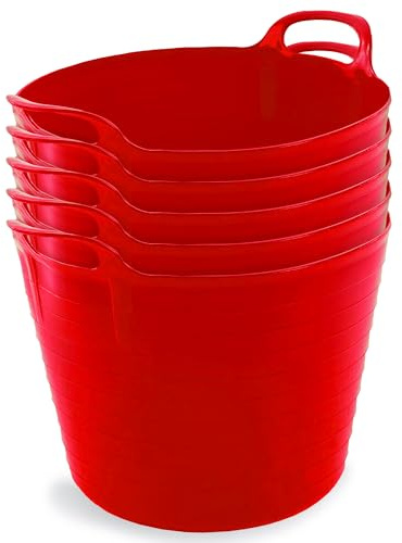 Neat Plastics 42L Flexi Tubs 5 Packs - Versatile Large Garden Tubs with Handles, Handy Builders Buckets Heavy Duty, Ideal Bath Bucket & Flexi Bucket, Durable Flexible Buckets for Home & Garden (Red)