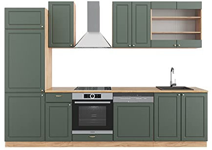 Vicco Küchenzeile Fame-Line, Grün-Gold Landhaus/Goldkraft Eiche, 300 cm, AP Eiche