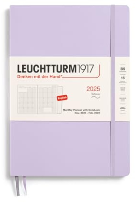 LEUCHTTURM1917 370707 Planificador mensual y cuaderno 2025, Composition B5, tapa blanda, 16 meses, a rayas, morado, inglés
