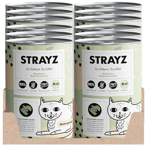 STRAYZ - Bio Katzenfutter Nass - Huhn & Zucchini, Getreidefreies Premium Nassfutter für Katzen mit 95% Fleischanteil ohne Zucker - 12x400g Dose