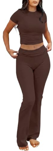 IWOLLENCE Loungewear Sets for Women UK Two Piece Outfit Short Sleeve Crop Top and High Elastic Waist Wide Leg Trousers Co Ord Set (Dark Brown, M)