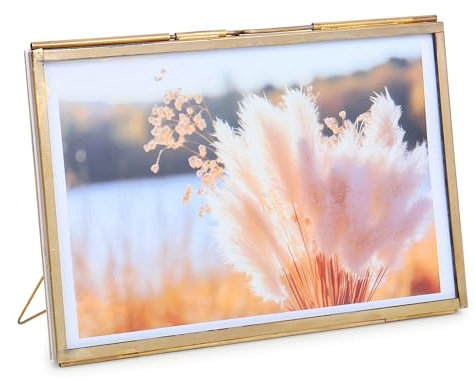 Fenzo Vintage Style 4x6 inch Landscape Metal & Glass Hanging Free Stand Picture Gold Photo Frame Desktop Picture Frames for Photos, Artwork, & Pressed Leaves, Floating Display Frames