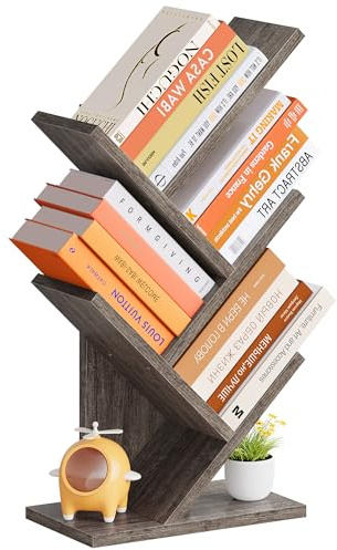 Hoctieon 4 Tier Tree Bookshelf, 4 Shelf Bookcase, Free Standing Tree Bookcase, Display Floor Standing Shelf for Books, Book Organizer Shelves for Home Office, Living Room, Bedroom, Grey