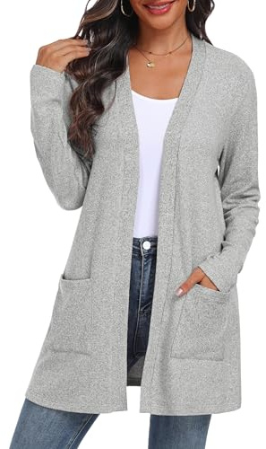 QIXING Chaqueta de punto para mujer abierta | Cárdigan elegante de manga larga ligera con bolsillos para otoño e invierno | Cómoda, transpirable y cálida, gris claro, L