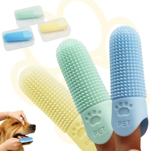 Confezione da 3 spazzolini da denti con placca per cani e gatti, in silicone a 360°, con custodia protettiva, sicuro per animali domestici, per la pulizia dei denti dei cuccioli, per la pulizia dei