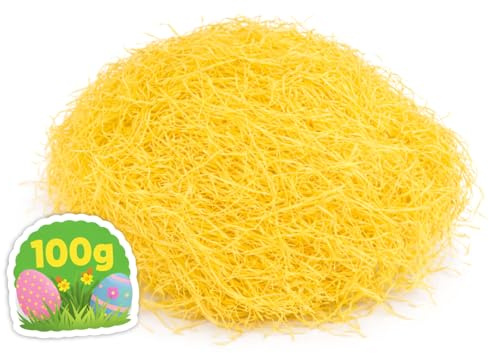 com-four® 100g Paglia Pasquale Gialla, Lana di Legno Decorativa, Materiale di Riempimento per Cestino e Nido di Pasqua (Circa 100 Grammi - Giallo)