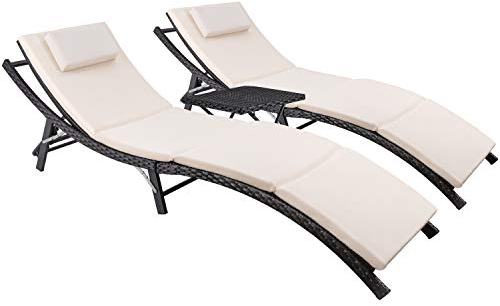 Devoko Patio Chaise Lounge Sets Outdoor Rattan Adjustable Back 3 Pieces Cushioned Patio Folding Chaise Lounge with Folding Table (Beige)