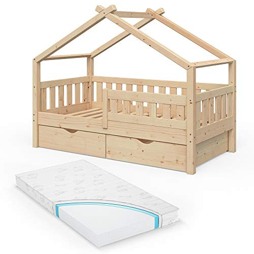 VitaliSpa Hausbett Design, Naturholz, 80x160 cm mit 2 Schubladen und Matratze, geeignet als Spiel- und Schlafbereich für Kinder