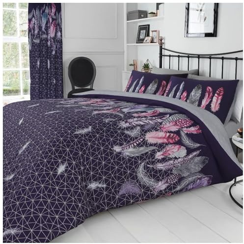 Easy Care Duvet Cover Printed Quilt Set Reversible Bedding, King, Purple