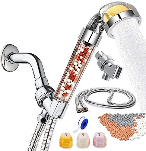 Vitamin C Filter Shower Head with Hose & 3 Replacement Balms - Handheld High Pressure Filtered Shower Head - Hard Water Softener with Citrus Smell for Dry Skin, Reduce Residual Impurities in Water
