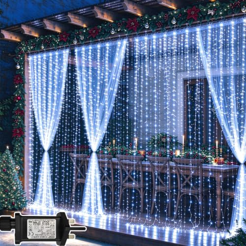Dekofun 6M x 3M 600LED Cool White Plug in Curtain Fairy Lights Outdoor | With Timer & Connectable Design, Waterproof Waterfall Hanging Lights for Wall, Gazebo, Garden, Pergola, Patio Decorations