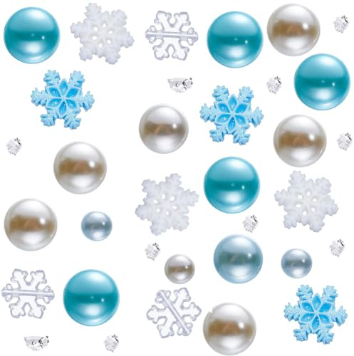 SUNNYCLUE 10000+Pcs Christmas Vase Filler Winter Vase Filler Blue Candle Fillers Faux Pearl Beads Floating Candles Centerpiece Jar Fillers Set Snowflake Cabochons Silver Glitter Powder for Home Decor