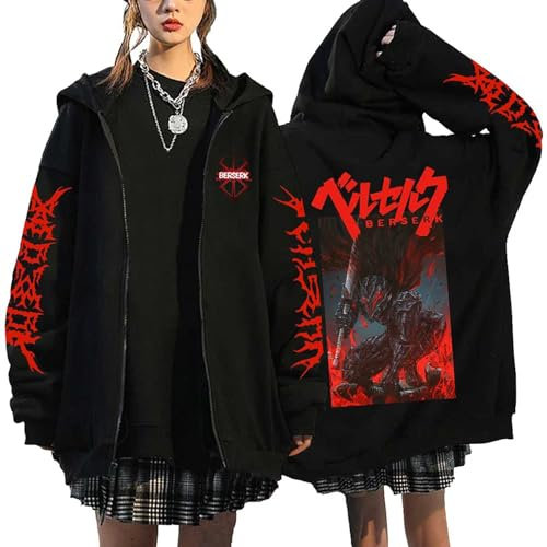 flowereyes Japanese Comics Berserk Full Zipper Hooded Jacket Men Women Oversized Guts Skull Knight Printed Harajuku Streetwear Zip Up Hooded Sweatshirt