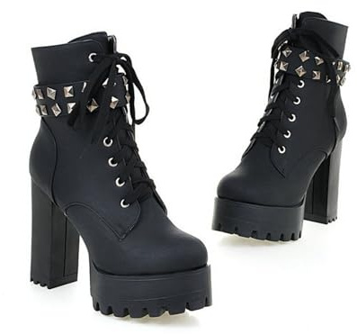 ENWIND Botas Militares Mujer Botines de Tacón Alto Plataforma Moda Invierno Botas Cortas con Cordones y Cremallera,Negro,38 EU