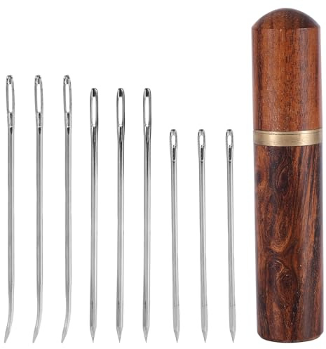 9pcs Large Eye Sewing Needles, Big Eye Embroidery Needles Steel Tapestry Needles Bent & Straight Leather Needle Hand Yarn Knitting Needle with Wooden Case for Leather Tools Quilting Crochet Project