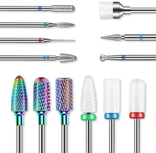 Depvko Juego de 13 brocas para cortar uñas, brocas profesionales de 3/32 pulgadas para manicura, brocas de cerámica de diamante de carburo con cepillo, brocas para quitar cutículas para gel acrílico