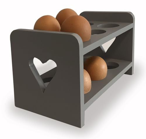GreyZouq Vintage Wooden Egg Rack Storage with 2-Layer and Pretty Cut Out Heart Design, Country Kitchen Style, Scandinavian Inspired, Holds 12 Eggs, Rustic Food storage. (Dark Grey)