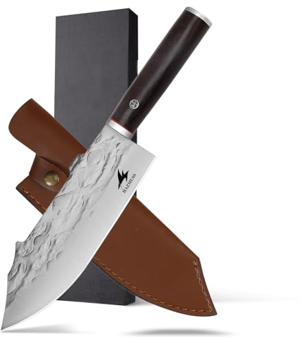 HAZMUSS Cuchillo de Carnicero Forjado Profesional, Cuchillo de Chef de Acero Inoxidable de Alto Carbono de 20,5 cm Con Funda de Cuero Para el Hogar, Camping y Barbacoa