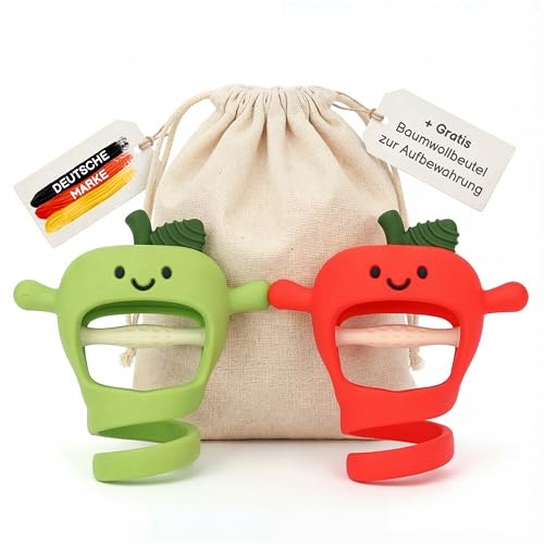 Valy&Oli® Beißring Baby - Bleibt an der Hand - Zahnungshilfe mit Spiral-Handschuh - Apfel Design im 2er Set - Silikon Beißspielzeug und Zahnungshilfe Baby