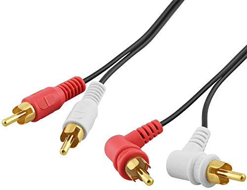 BestPlug 1,5 Meter Stereo Audio RCA L-R Kabel, 2 Cinch Stecker gerade auf 2 Chinch Stecker 90° abgewinkelt vergoldet, Schwarz (verbesserte Ausführung)