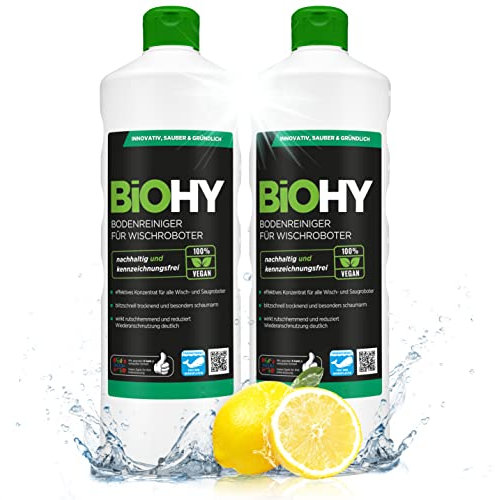 BiOHY Bodenreiniger für Wischroboter (2 x 1 liter) | Reinigungsmittel Konzentrat für alle Wisch & Saugroboter mit Nass-Funktion | Schaumarm & Streifenfrei | Für alle Böden