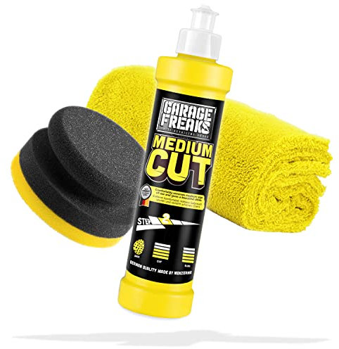 Garage Freaks Handpolitur Set - Step 2: Medium Cut Hologrammentferner 250ml - Entfernt leichte Kratzer und Gebrauchsspuren + Handpolierschwamm + Mikrofaser Poliertuch - Für eine optimale Auto Politur