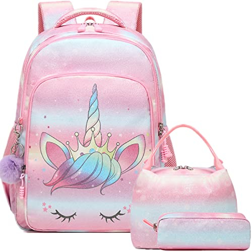 Jumpopack skolryggsäck flicka set barnryggsäck bröstbälte skolväska barn skolväskor tonåring, Enhörning ros, 39.9 cm x 30 cm x 15.7 cm, Ryggsäck