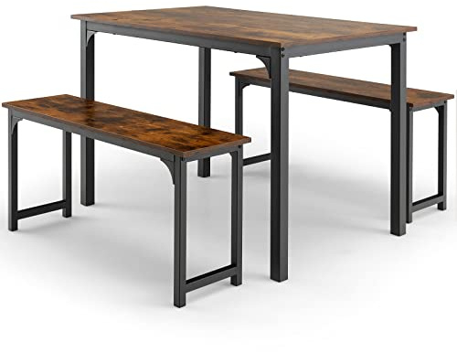 TANGZON Dining Table with 2 Benches, 3 Pieces Steel Frame Kitchen Table Set, Industrial 4-6 Person Breakfast Dining Table and Chairs for Home Dining Room (Coffee+Black)