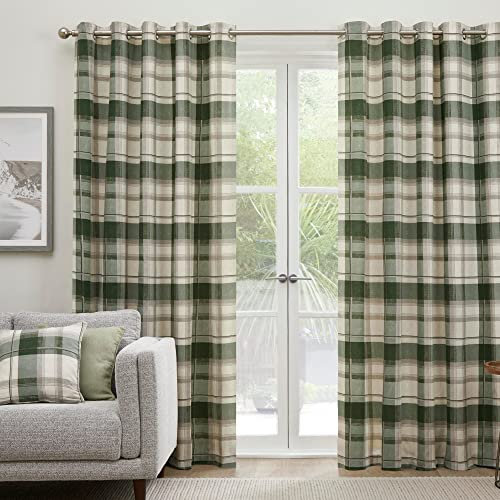 Fusion - Balmoral Check - Pair of Eyelet Curtains - 90 Width x 90 Drop (229 x 229cm) in Green
