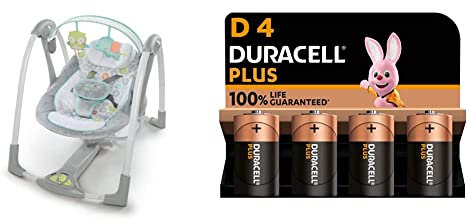 Ingenuity Hugs & Hoots zusammenklappbare & tragbare Babyschaukel, 5 Schaukelgeschwindigkeiten & Duracell Plus D Mono Alkaline-Batterien, 1.5V LR20 MN1300, 4er-Pack
