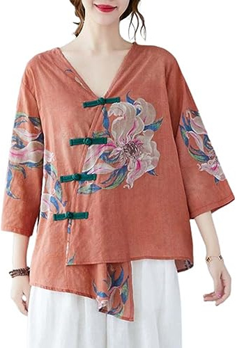 PRINCESS BRIDE Hanfu - Blusa de lino informal de manga 3/4, cuello en V, ropa tradicional china con botones de rana china, para verano, A4, naranja, XL