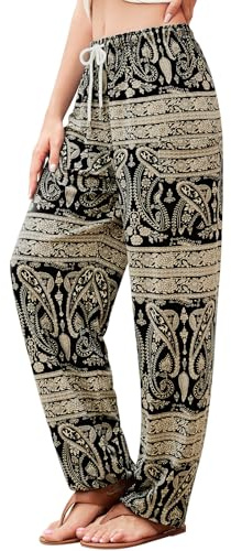 QIANXIZHAN Women's Harem Pants, Hippie Palazzo Pants Boho Joggers Yoga Clothes with Pockets Black Striped Flower S