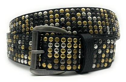 PASSIONE Cintura Borchiata Alta 4 cm - Borchie miste - Borchie oro, ottone, canna fucile, argento - Vera pelle - Nero - Made in Italy (LunghezzaTotale 115cm-Girovita 100cm-Tg52)