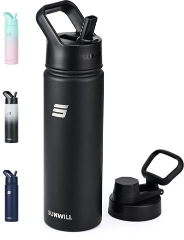 SUNWILL Metal Water Bottle with Straw Stainless Steel, 650ml Insulated Leakproof Thermal Flask for Cold and Hot Drink, Travel, Sports, Gym, Black