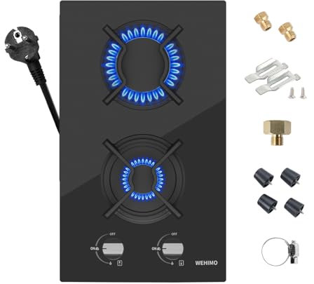 WEHIMO Plaque de cuisson à gaz à 2 feux, encastrable, en verre, 30 cm, 3700 W, 2 zones de cuisson (2700 W + 1000 W), pour gaz propane et gaz naturel, verre noir, convient pour toutes les casseroles