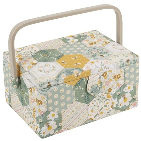Hobby Gift Medium Sewing Box Organiser with Handle - Cotton Basket Sewing Storage Box, Craft Storage Boxes with Compartments for Tools & Accessories - 18.5 x 25.5 x 14.5cm, Patchwork Bees