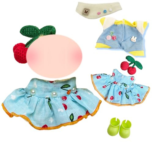 2 Ensembles de vêtements pour poupée de 17 cm, 1 Jupe+1 épingle à Cheveux Cerise+1 Pull Une pièce+1 Paire de Chaussures+1 Bavoir, vêtements d'été Mignons(Bleu)