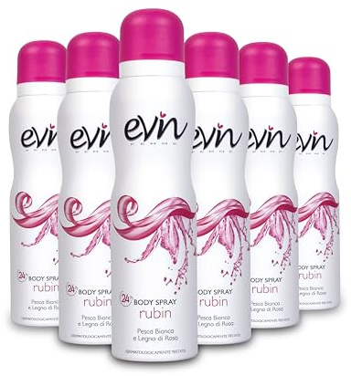 EVIN FEMME | Deodorante Donna Spray Rubin, Fragranza Pesca Bianca e Legno di Rosa, Formula Attiva 24h, Dermatologicamente Testato, 6x150ml