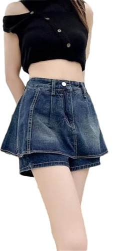 Women’S High Waist Loose Fit Denim Shorts with Hakama Ruffles A Line Jean Pants Button Fly Shorts