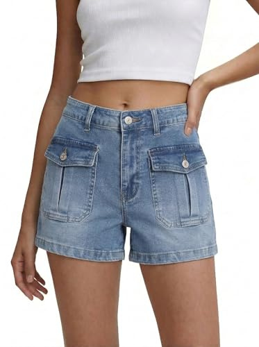 onlypuff Blue Denim Shorts for Women Push Up Frayed Stretchy Jean Shorts Big Pockets Front 10