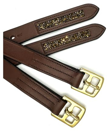 Equine Smile ES5011 - Correa para estribos de piel con piedras brillantes, piel de estribo de alta calidad para doma y saltos, correa elegante para estribos (marrón, 150 cm)