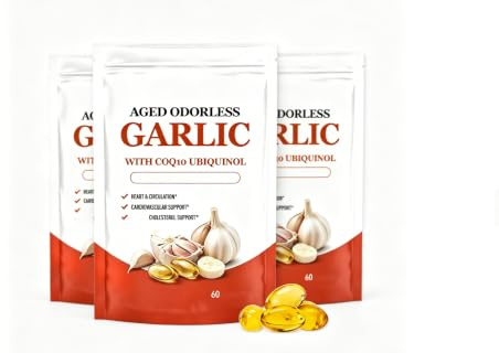Luktfritt lagrad vitlöksextrakt, med CoQ10 Ubiquinol, hjärt- och immunstöd - icke-GMO, glutenfri, 2 år mognad, vegetarisk, icke-GMO, 60 count,3Pcs