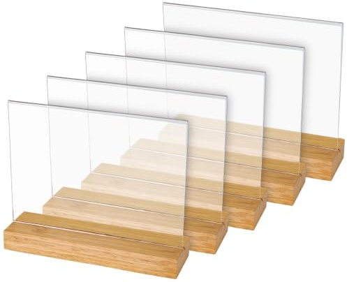 HMF bordsstativ i akryl i DIN A5 liggande format, dubbelsidig presentation, bordskortshållare med massiv träbas av ek, 5 stycken, T-stativ för kontor och catering, glasklar