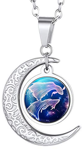 Suplight Damen Sternzeichen Fische Kette Edelstahl Mondsichel Anhänger mit 50+5cm Rolokette Tierkreis Sternbilder Halskette Horoskop Modeschmuck für Mädchen Jungen