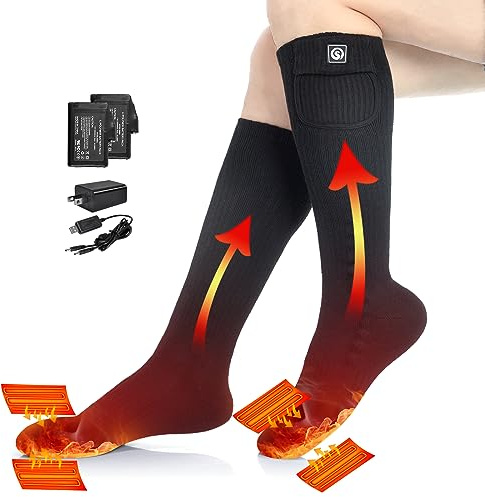 Chaussettes chauffantes pour homme et femme, SAVIOR HEAT Chaussettes de ski longues et épaisses avec batterie rechargeable électrique pour l'hiver la randonnée camping moto cyclisme Courir (S)