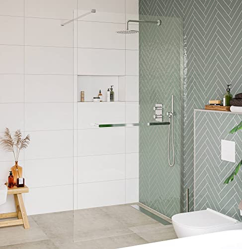 Saqu Modulo begehbarer Dusche inkl. Handtuchhalter und Antikalk 100x210 cm - Walk in Dusche mit Stabilisator - NANO Glas Duschtrennwand Badewanne Duschwand Aluminium