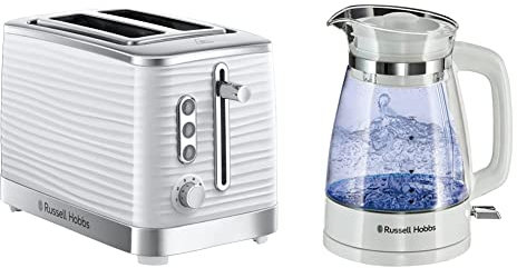 Russell Hobbs 24370 White Inspire High Gloss Plastic Two Slice Toaster & 26081 Classic Glass Kettle White